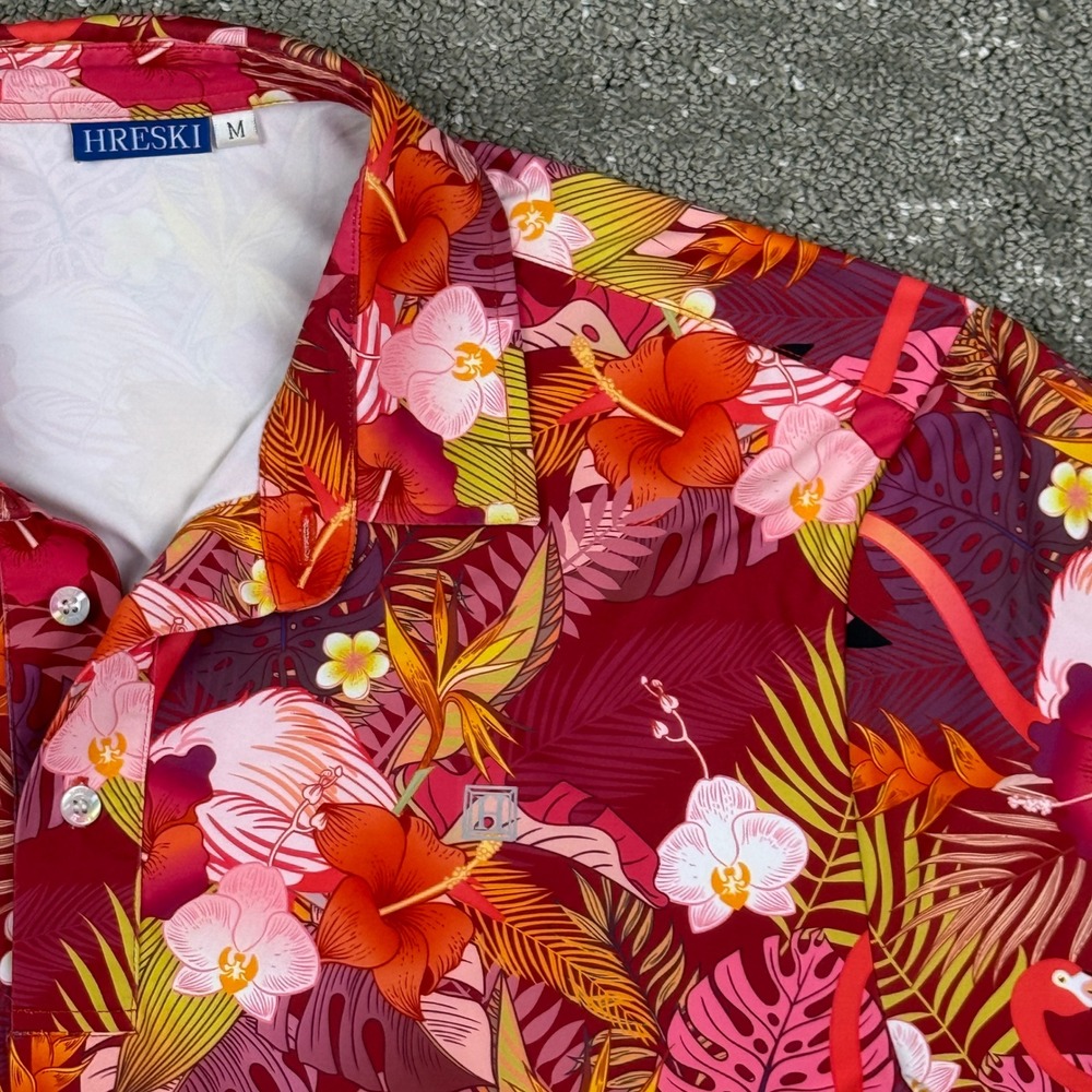 Hreski Polo Shirt Mens Medium Red Flamingo Tropical Floral Performance Golf